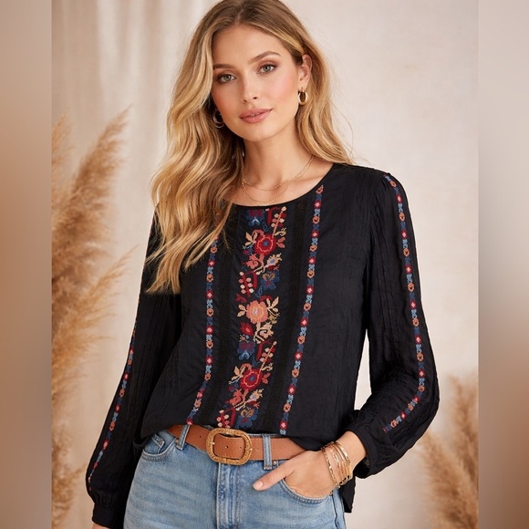 Love Sam Tops - Love Sam Black Embroidered Boho Blouse XS